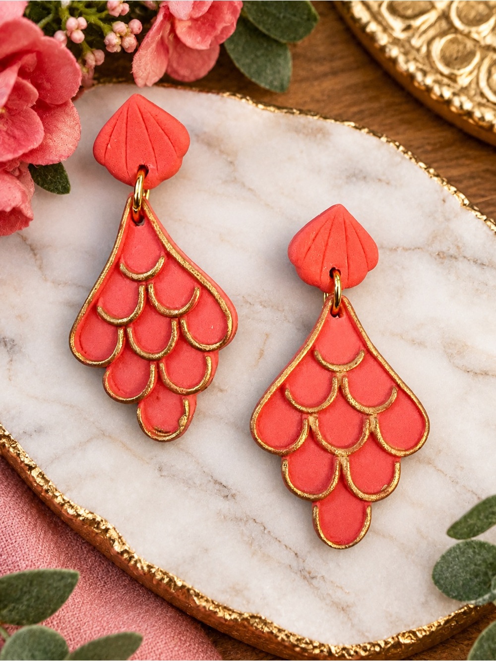Coral Mermaid Gold-Trim Scalloped Drop Handmade Polymer Clay Earrings